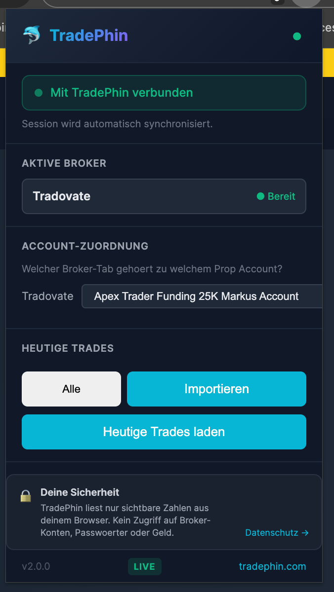 TradePhin Chrome Extension — Heutige Trades importieren, Apex Account auto-zugewiesen