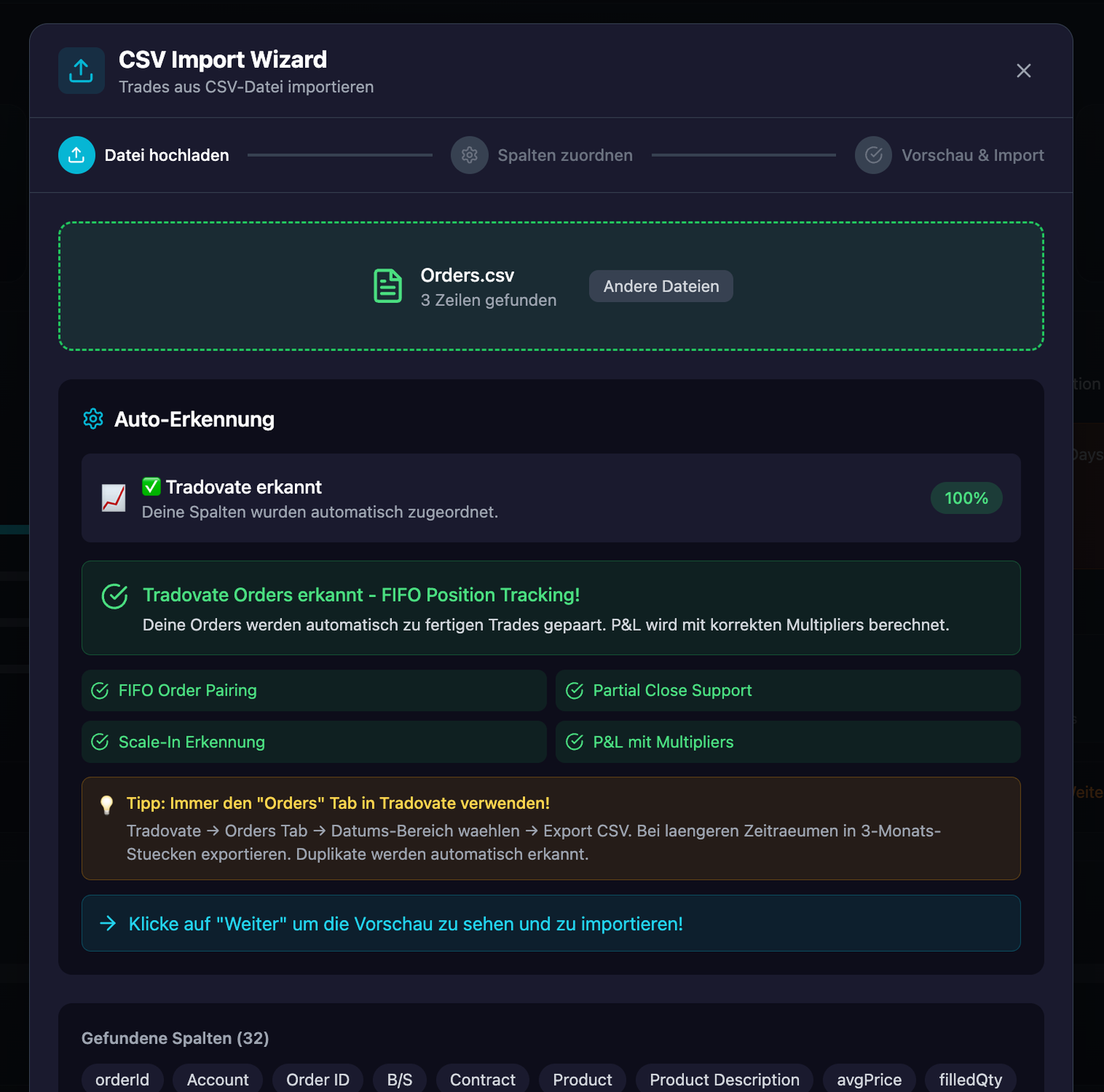CSV Import Wizard — Tradovate Auto-Detection mit FIFO Position Tracking